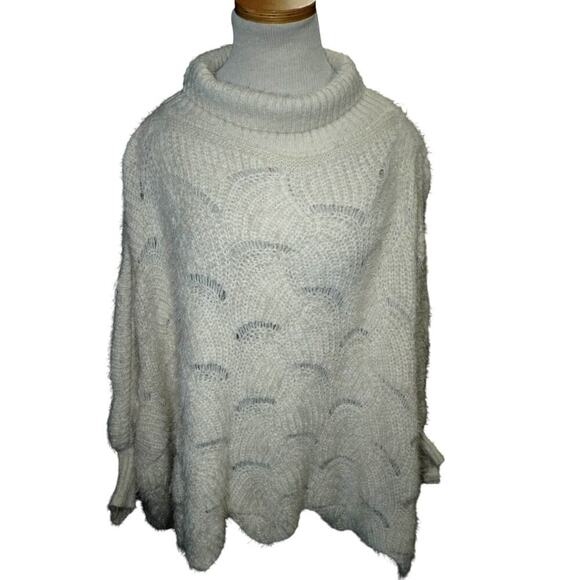 Anthropologie Cream Knit Oversized Sweater Poncho One Size Cozy Fuzzy Pullover - Picture 5 of 12